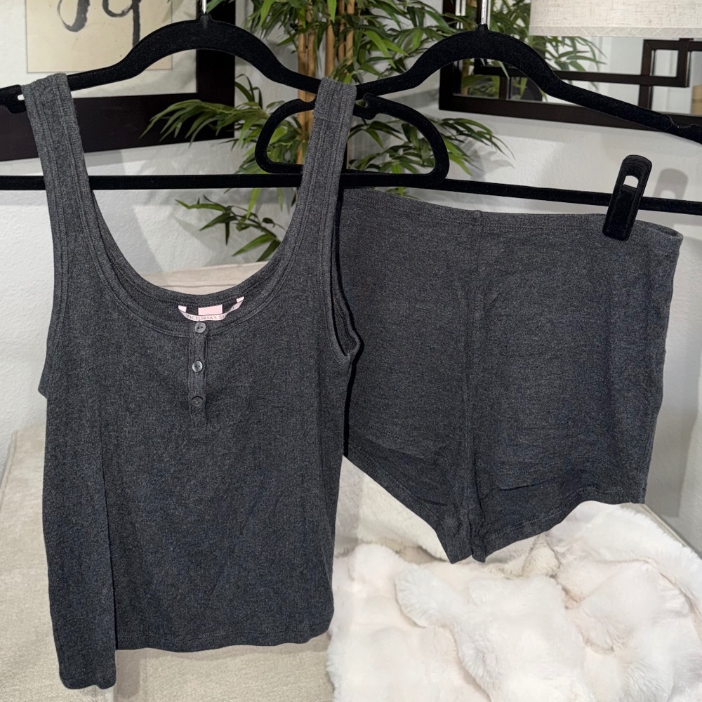Victoria's Secret Ribbed Modal Henley Tank Shorts Set, Size M Pajamas, Gray
